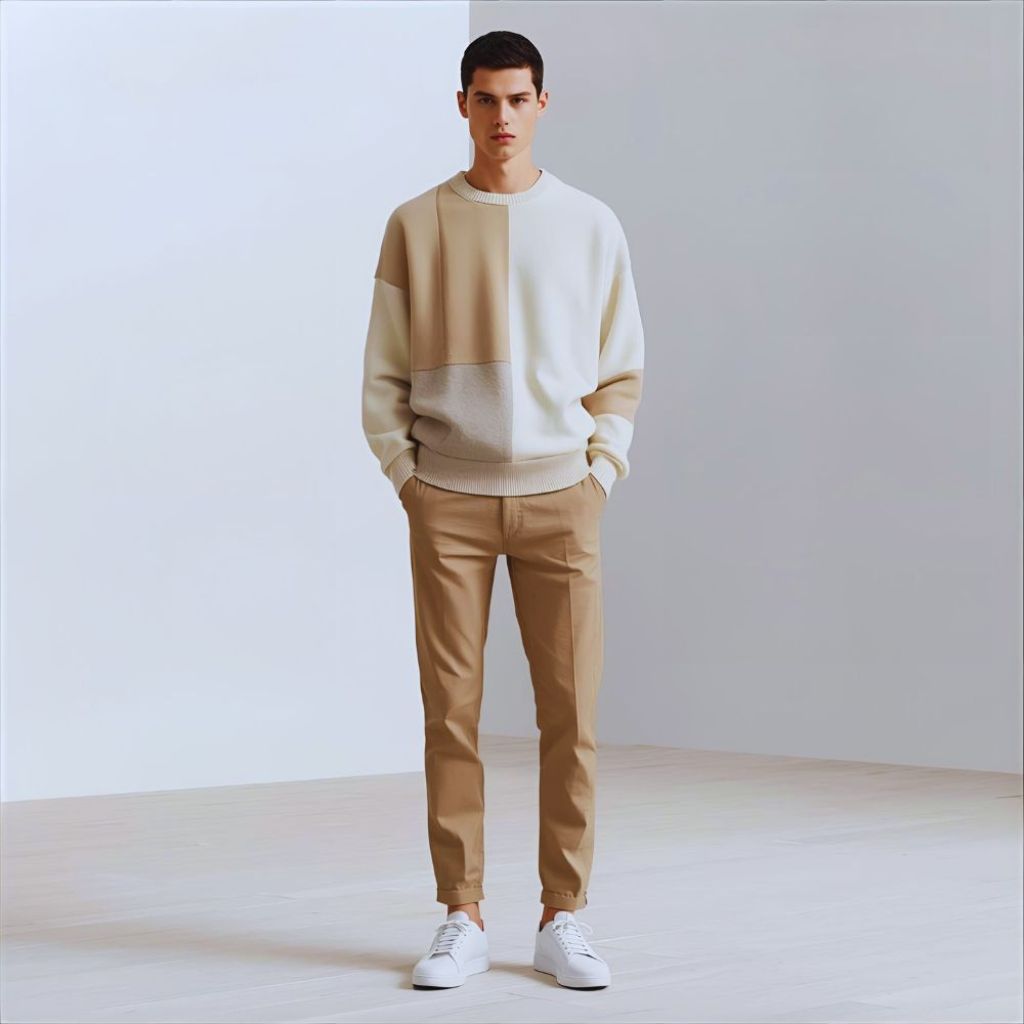 Model wearing beige patchwork crewneck and fitted trousers with white sneakers in a minimalist setting.