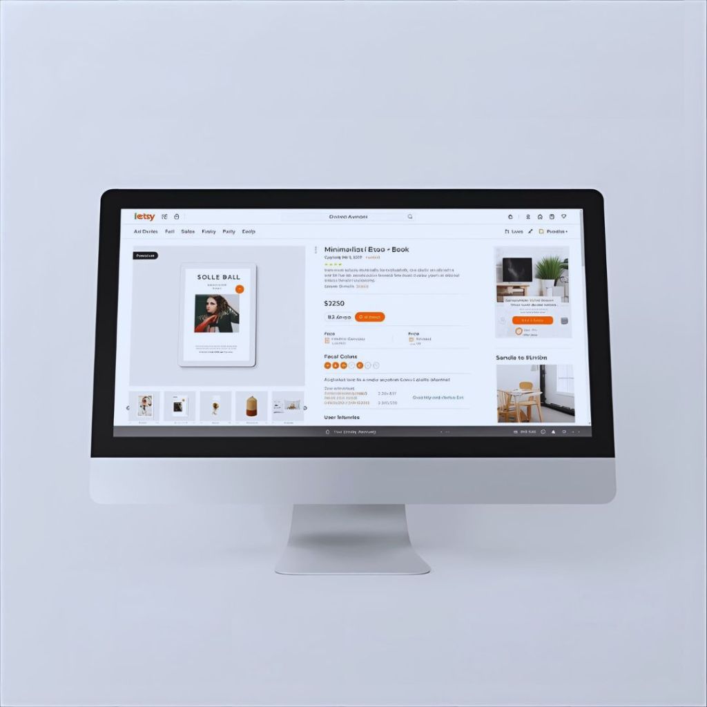 Etsy listing for a digital ebook template displayed on a laptop, showing photos, description, and pricing.