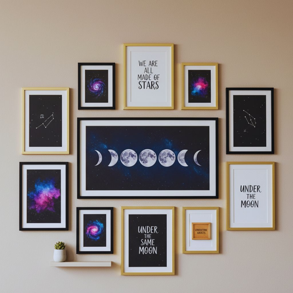 “Gallery wall featuring moon phase and constellation art in gold and navy frames.”