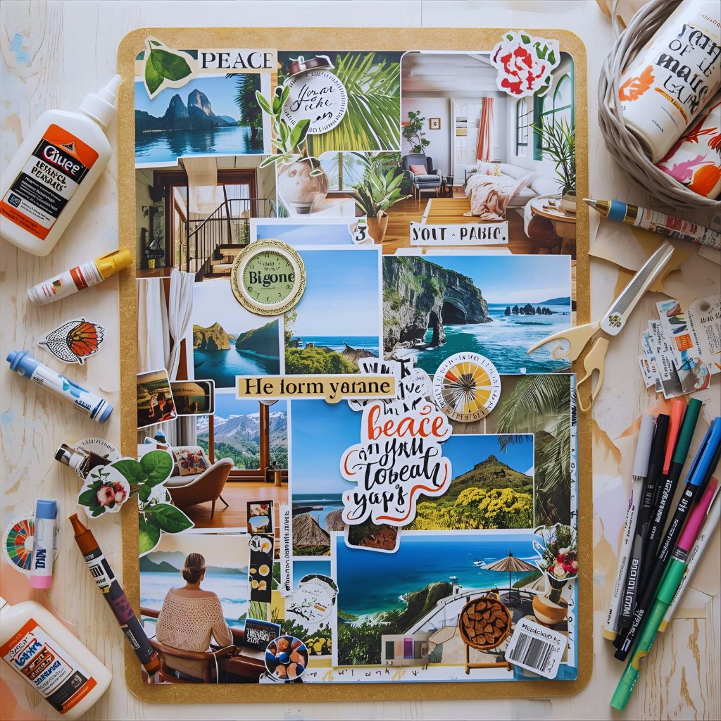 A mixed-media collage with nature images, cozy interiors, and calming words on a poster board with art supplies nearby.
