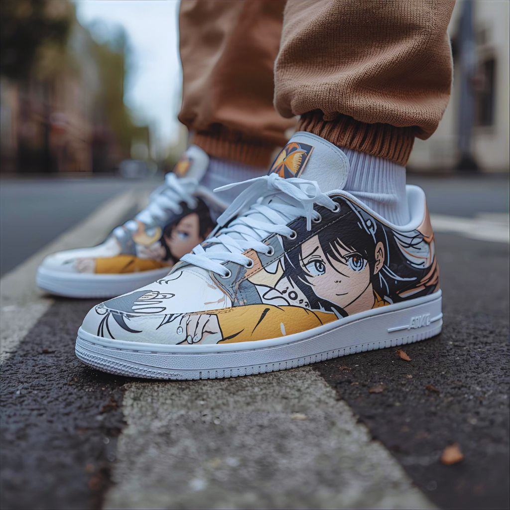 Custom anime sneakers with subtle painted artwork and streetwear aesthetic.