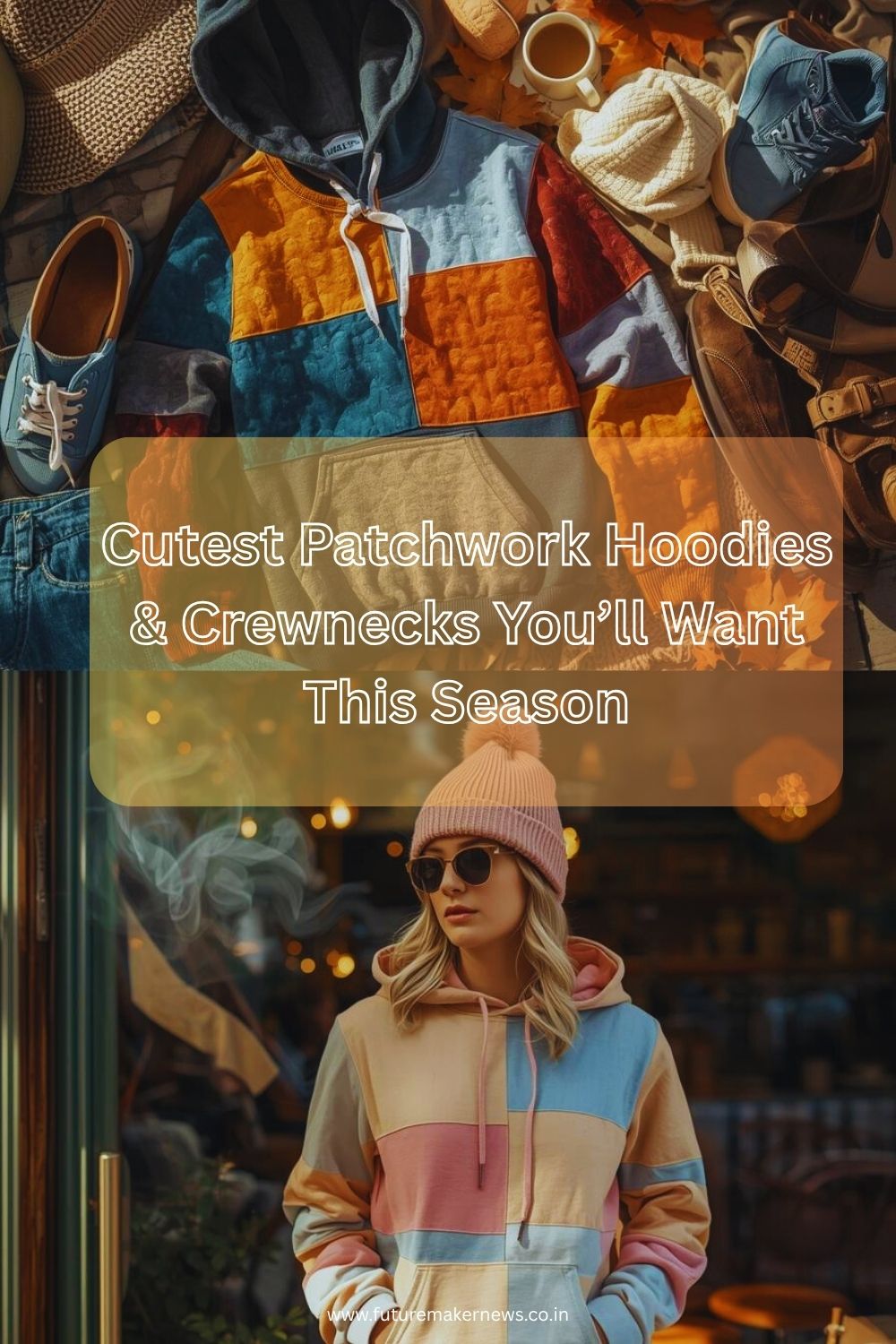 Aesthetic flat lay of colorful patchwork hoodies and crewnecks with sneakers and coffee, showcasing cozy fall fashion style.