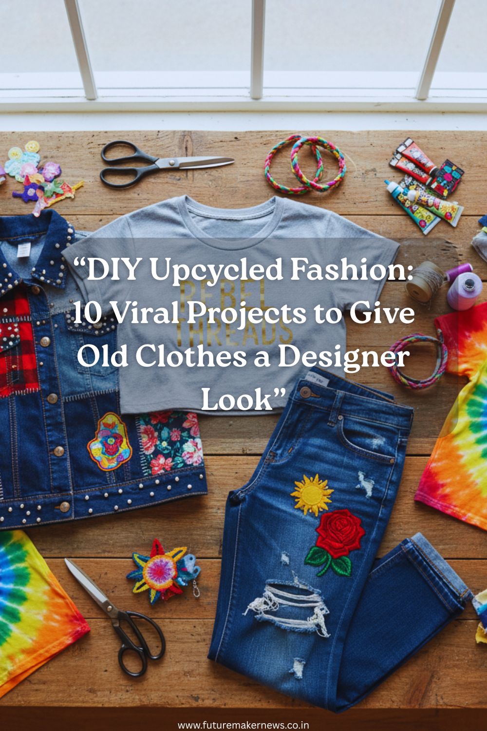 A creative flat-lay showing upcycled fashion items like a tie-dye shirt, embroidered jeans, and a patchwork jacket with sewing tools, representing sustainable DIY fashion projects.