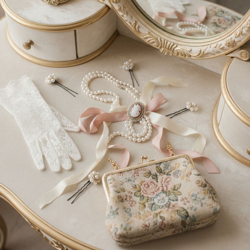 Rococo-inspired accessories including pearls, lace gloves, floral hairpins, and a vintage handbag.