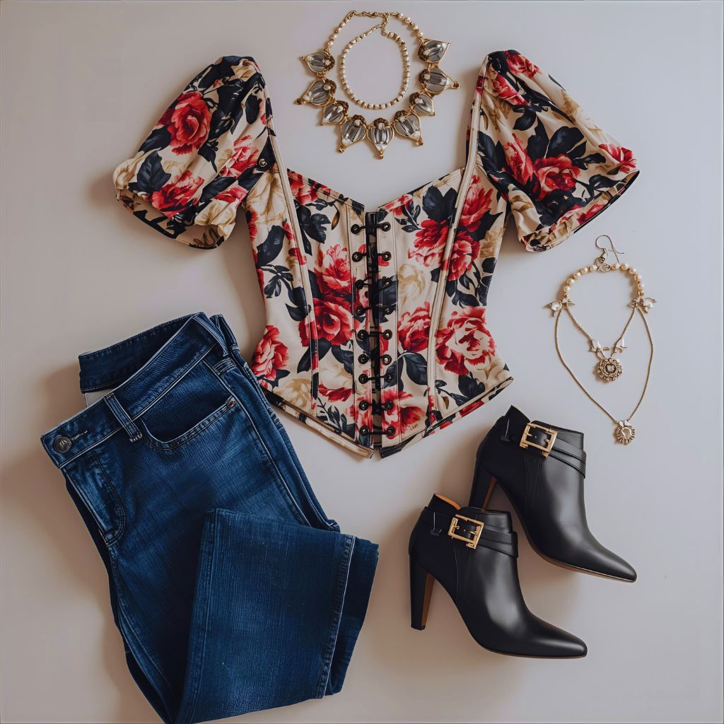 Outfit flat lay featuring floral corset top, high-waisted jeans, and baroque-inspired jewelry.