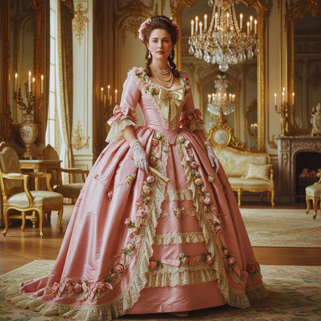 Flat lay of Rococo Revival fashion pieces, including ruffled blouses, floral skirts, lace gloves, pearls, and satin ribbons on a soft pastel background.