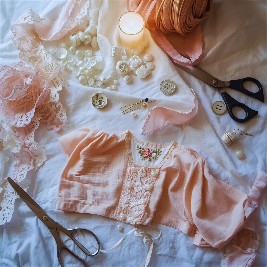 DIY workspace showing lace trims and pearl embellishments being added to pastel clothing.