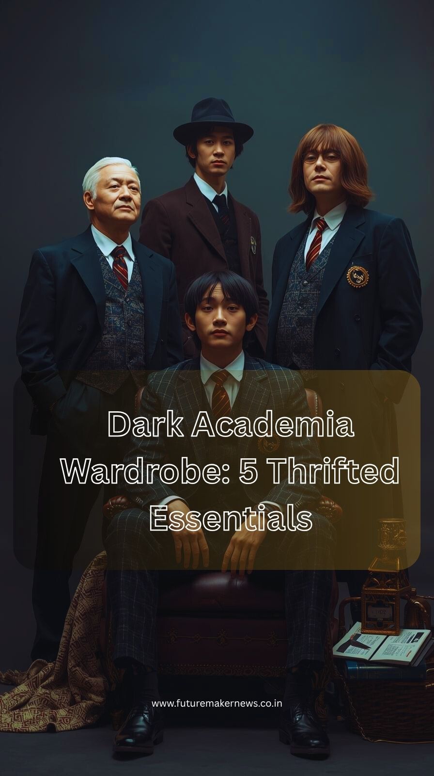 Flat lay of Dark Academia wardrobe essentials including tweed blazer, trousers, knitwear, plaid skirt, and leather loafers styled with vintage books and candlelight.
