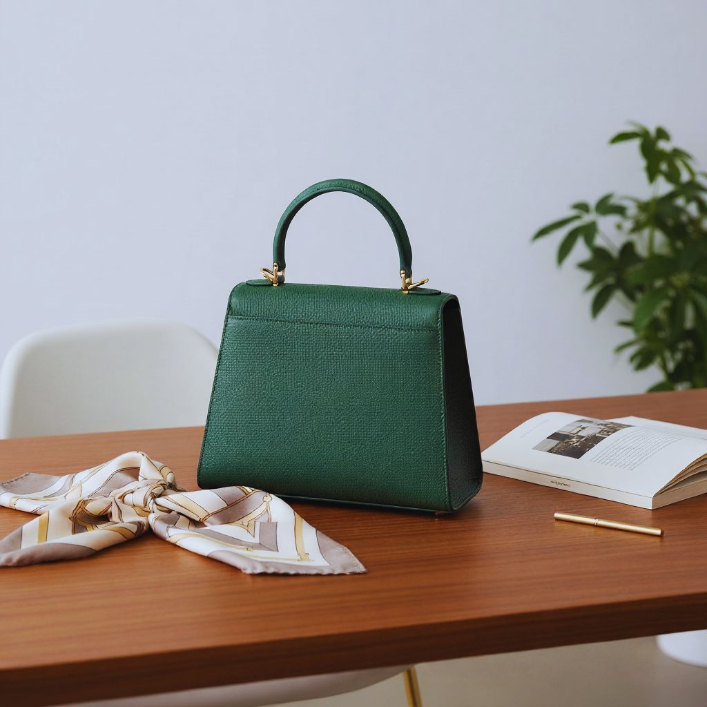 DeMellier London Vancouver Bag in pebbled leather with structured silhouette and gold hardware.