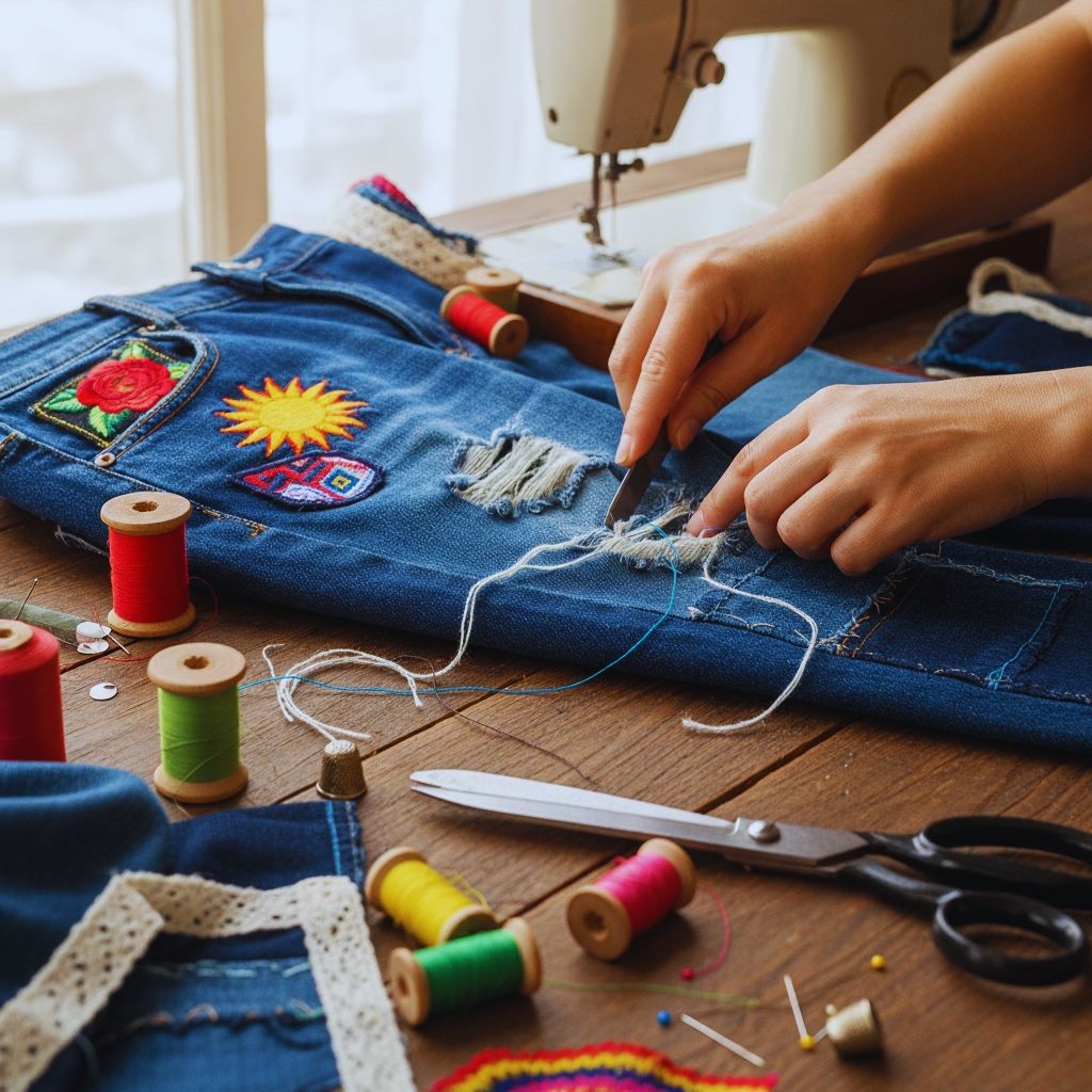 Hands distressing and patching denim jeans with colorful fabric pieces, symbolizing denim upcycling.