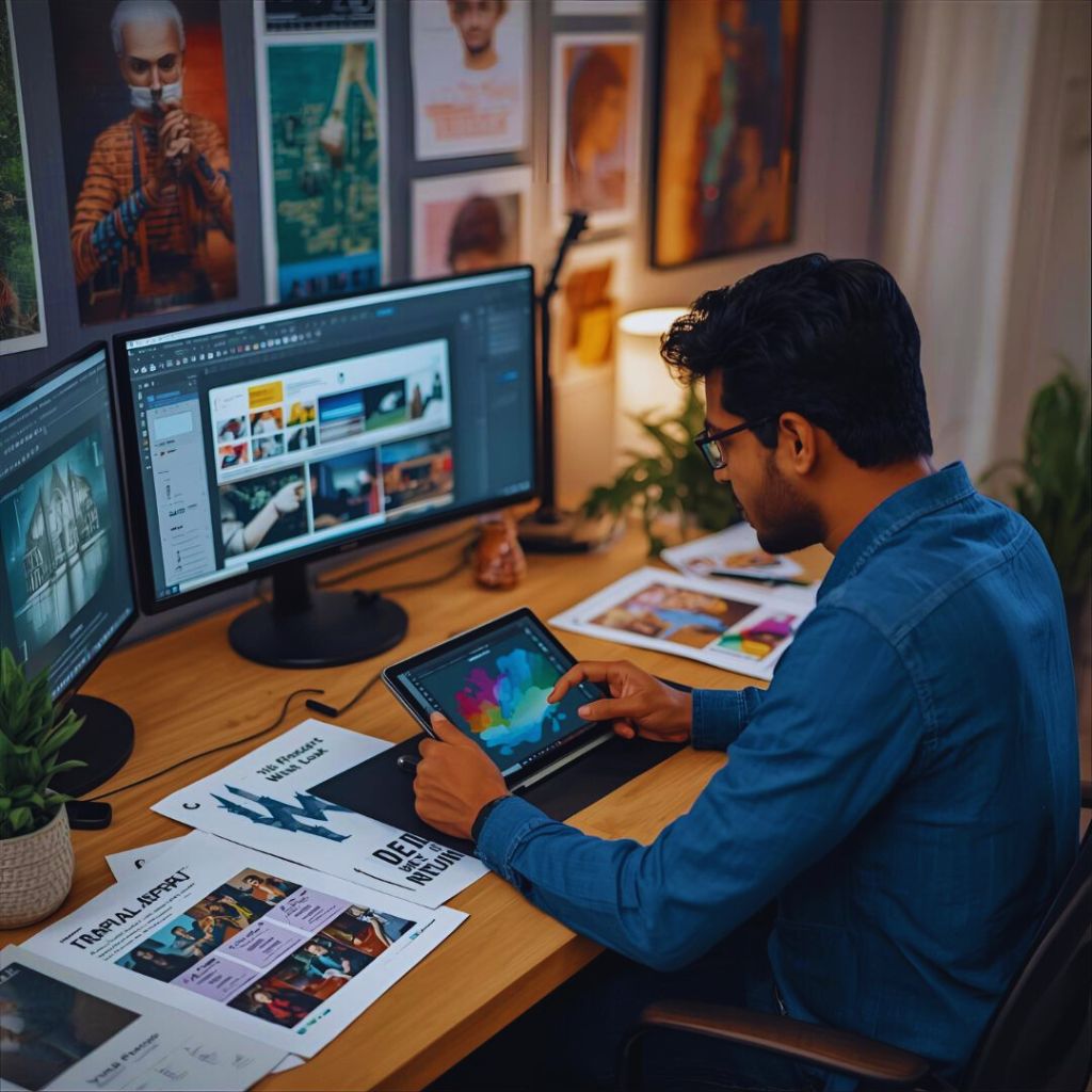 Designer creating high-resolution digital art on a tablet with printed mockups on a desk.