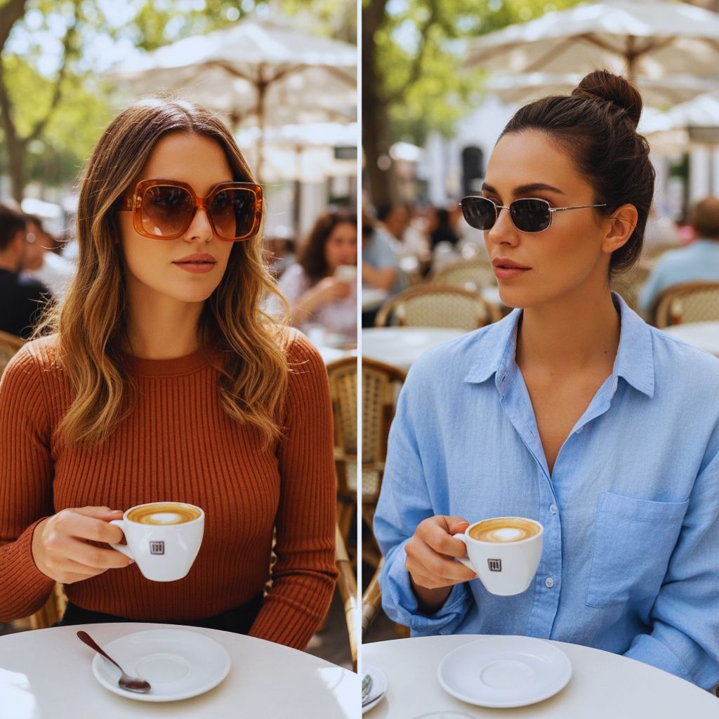 “Diamond-shaped face wearing oversized 70s sunglasses and slim 90s frames highlighting cheekbones.”