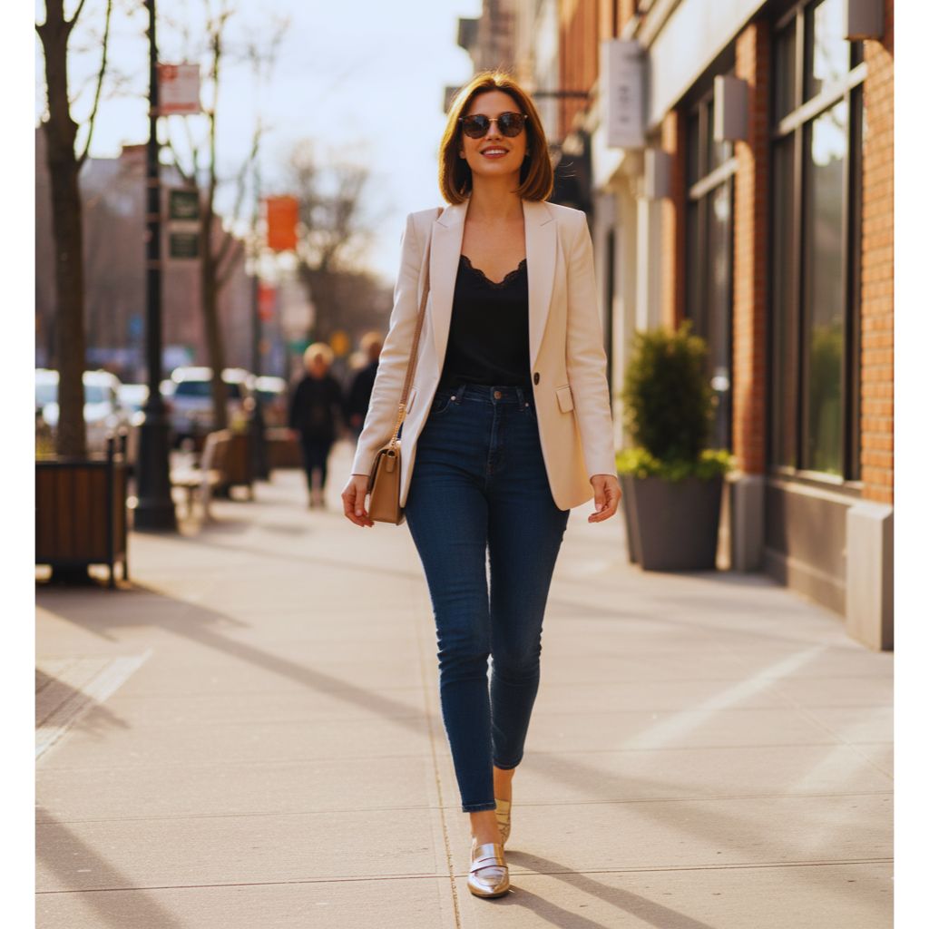 “Confident woman smiling and walking in a stylish outfit, embodying self-assured, ageless style.”