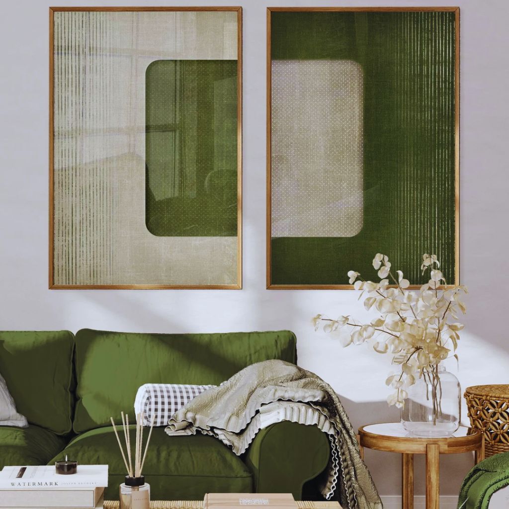 Two-tone DIY wall art with beige and olive green halves, featuring textured spackle on one side.