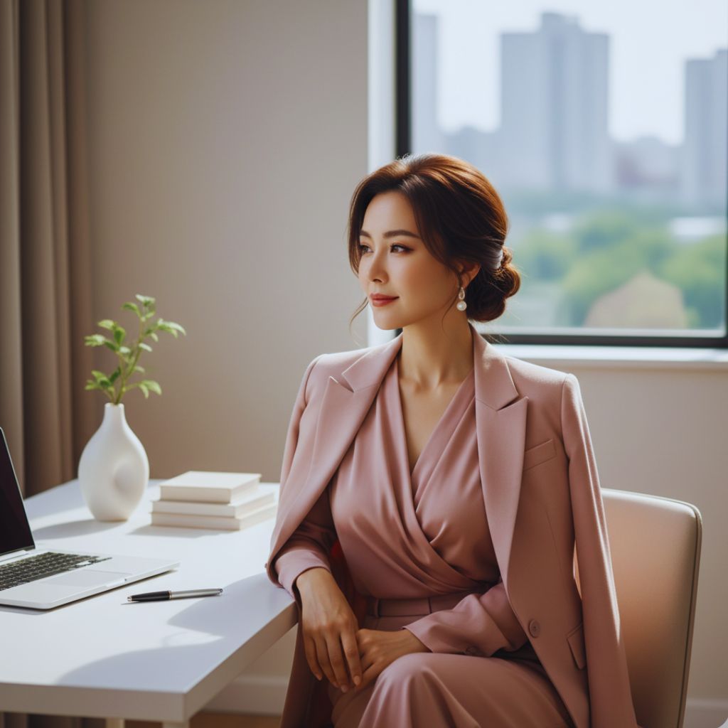A stylish woman in a dusty rose outfit sitting in a modern office, symbolizing elegance and balanced sophistication.