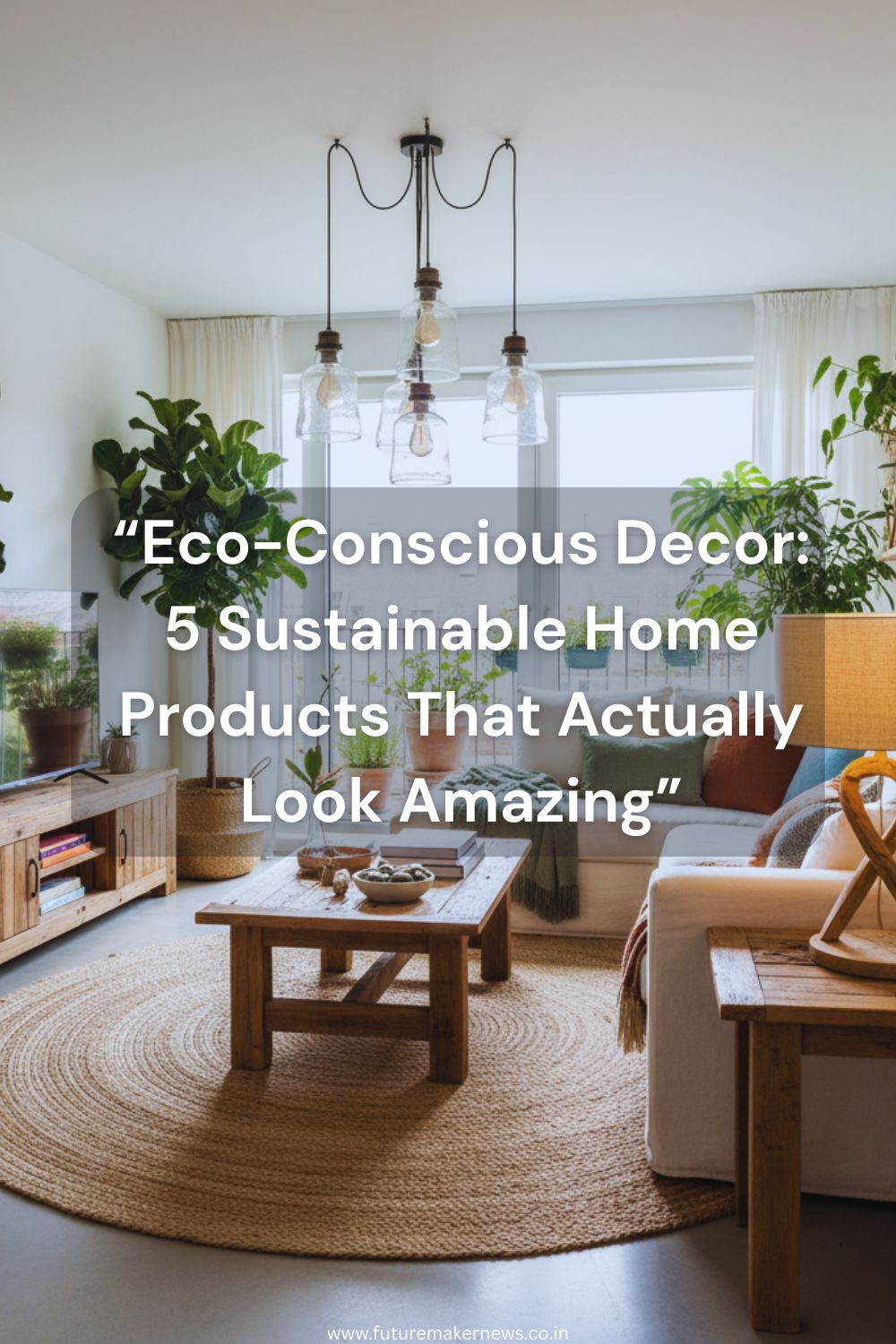 “Modern living room with reclaimed wood furniture, organic cotton textiles, bamboo decor, upcycled lighting, and indoor plants in eco-friendly planters, showcasing elegant sustainable home design.”