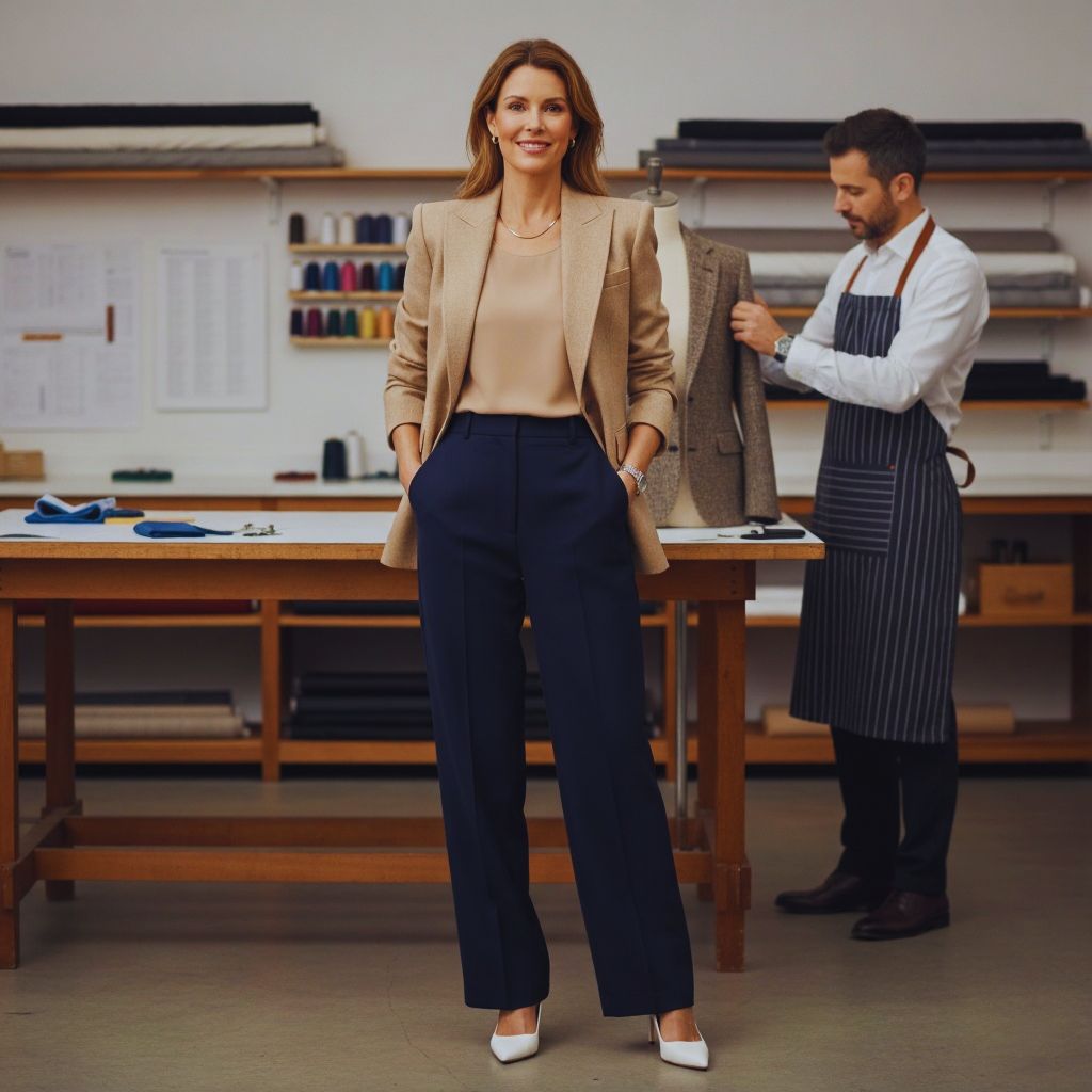 “Stylish woman in her 40s wearing a tailored blazer and trousers, with a tailor adjusting the fit, symbolizing confidence and sophistication.”