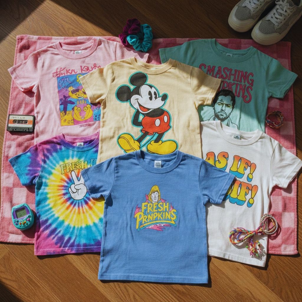 "Collection of authentic vintage 90s baby tees with Disney and band graphics laid out with retro accessories on a neutral background."