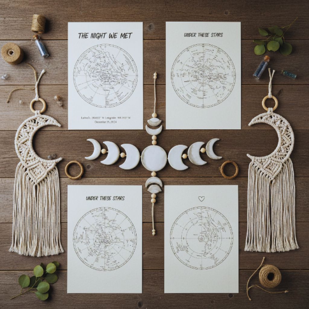 “Handcrafted moon phase garlands and personalized star map posters from Etsy artisans.”