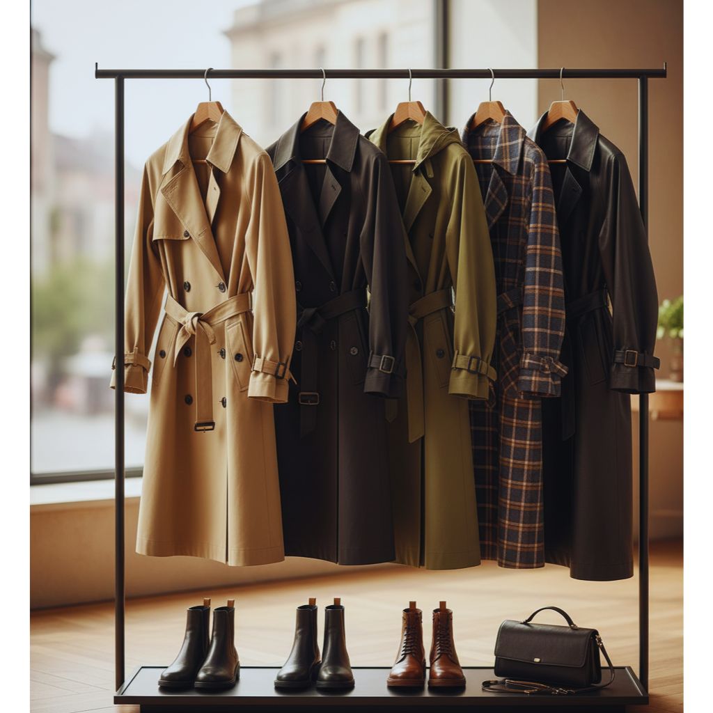 Various trench coats in different colors and fabrics arranged on a rack.