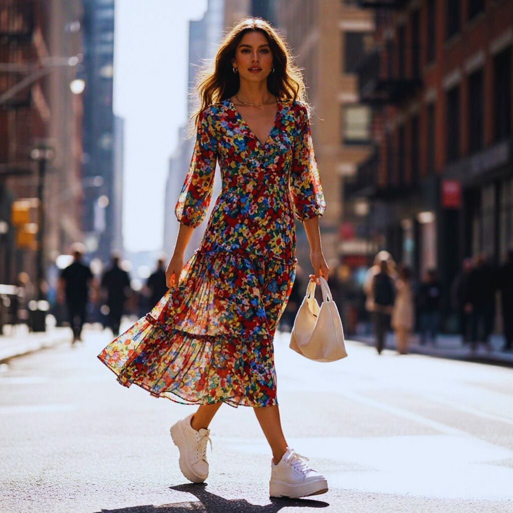 Woman wearing a floral midi dress styled with chunky white sneakers, embodying the modern wrong shoe aesthetic.