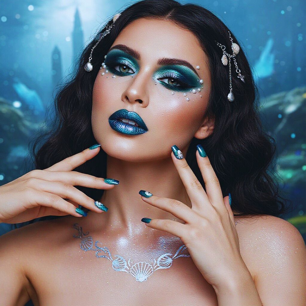 Full Sea Witch makeup and manicure look with glowing skin, beachy waves, iridescent lips, shimmering eyes, and metallic seashell tattoos.