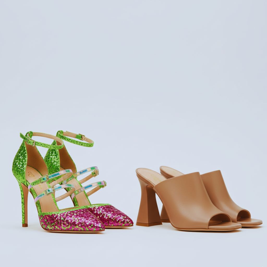 Glitter and neon heels beside neutral block heels and sculptural mules, showcasing the transition from flashy to elegant footwear.