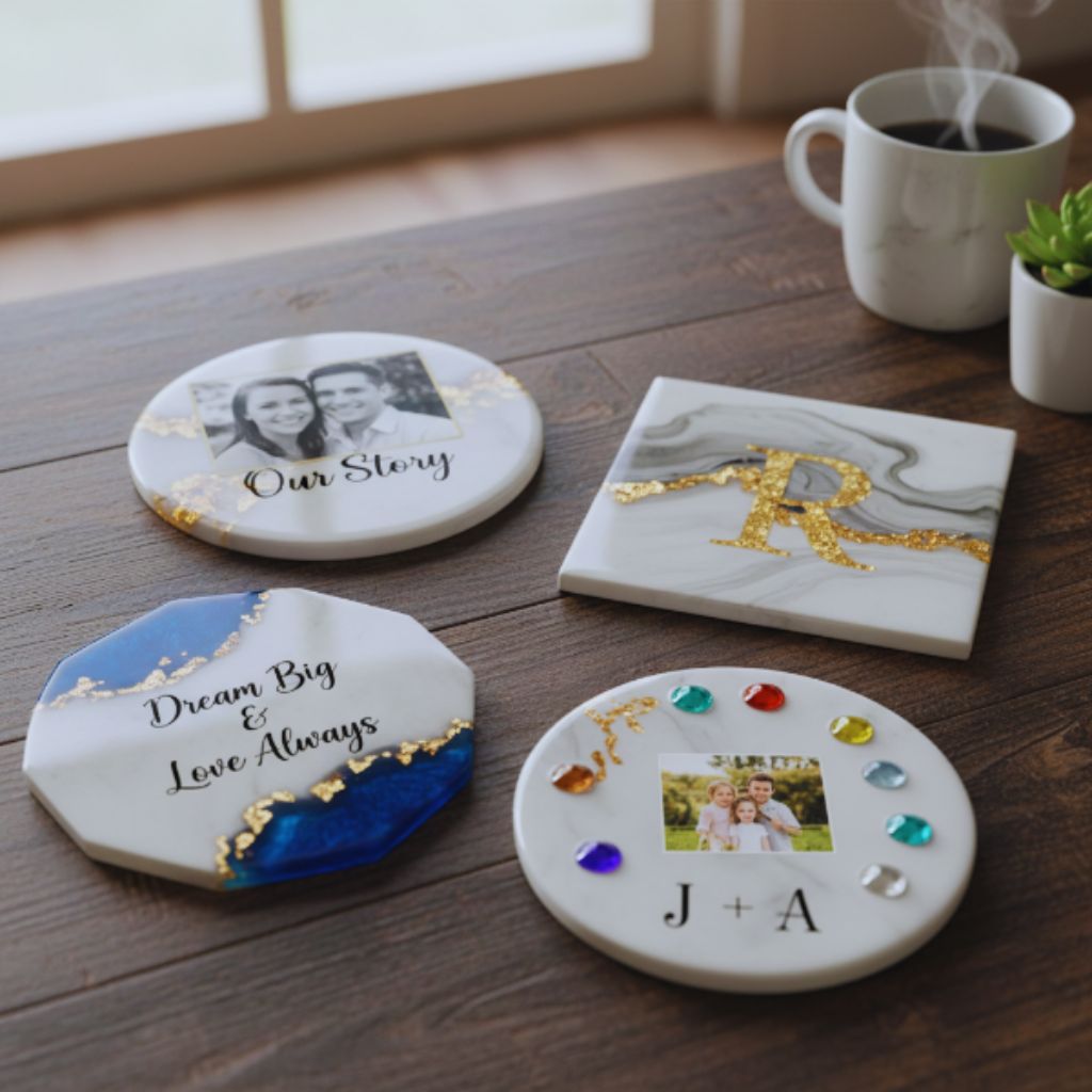 Custom photo and resin coasters arranged on a wooden table.