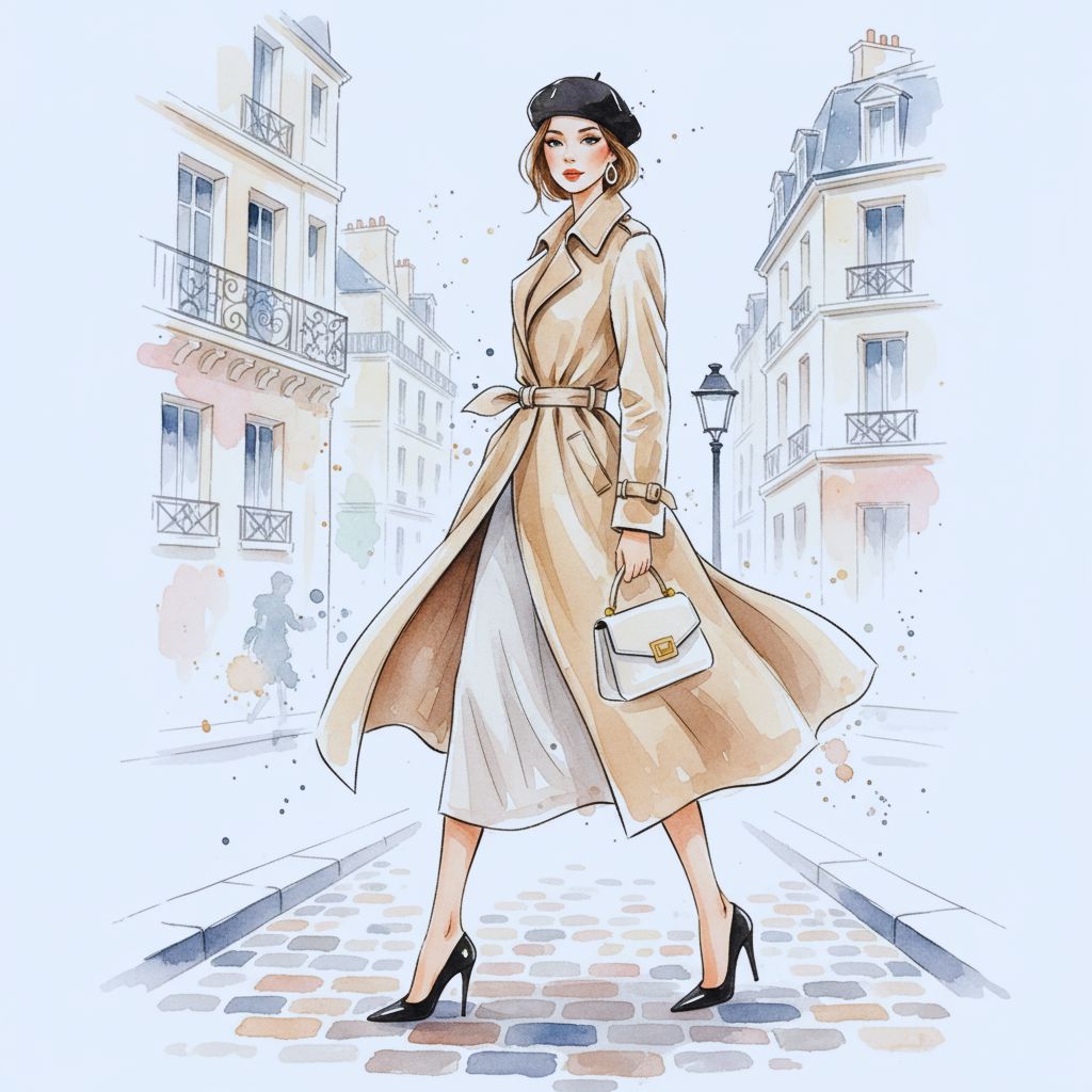 watercolor fashion print of a Parisian woman in trench coat and beret – free printable wall art