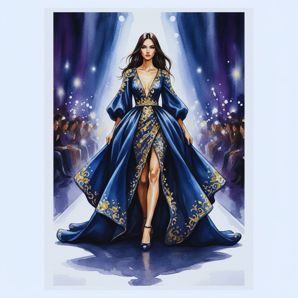 runway watercolor fashion illustration print of model in glamorous gown – free printable wall art