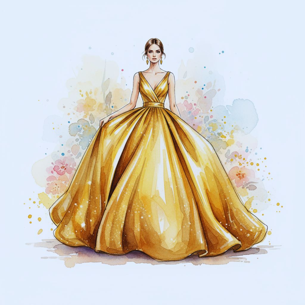 watercolor illustration of glamorous woman in gold gown – luxury fashion printable wall art