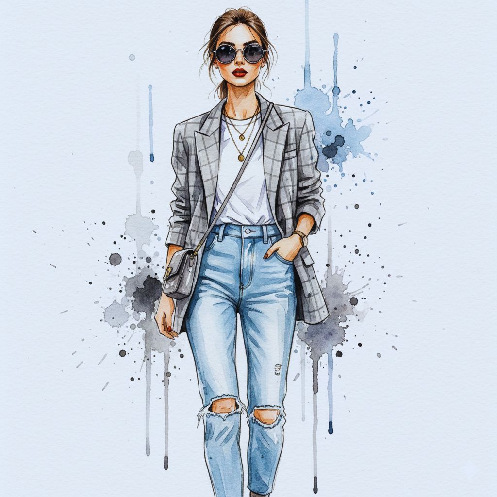 watercolor street style fashion illustration of woman in jeans and blazer – modern wall art printable