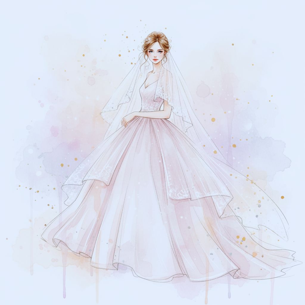 watercolor bridal fashion illustration of bride in blush gown – romantic wall art printable