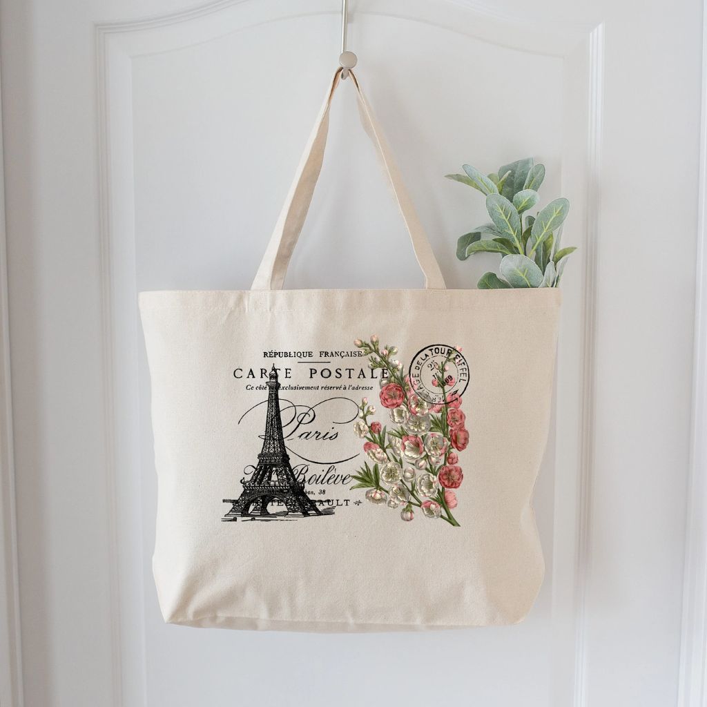Hand-painted cotton tote bags with floral and quote designs.