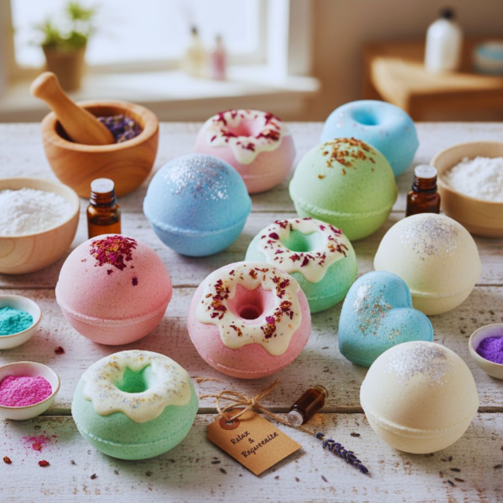 Assorted handmade bath bombs with flowers and essential oils.
