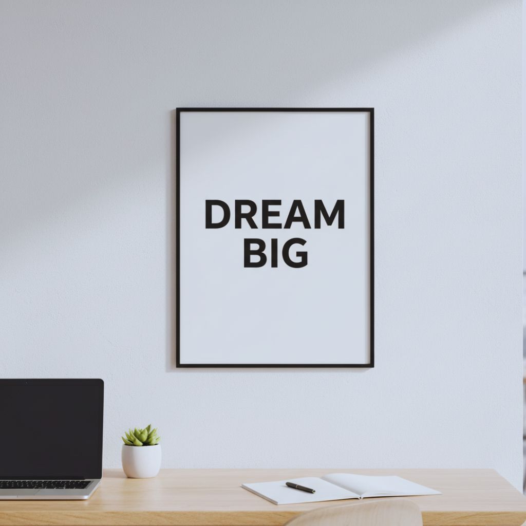 Minimalist typography print with the quote “Dream Big” in bold black letters above a desk.