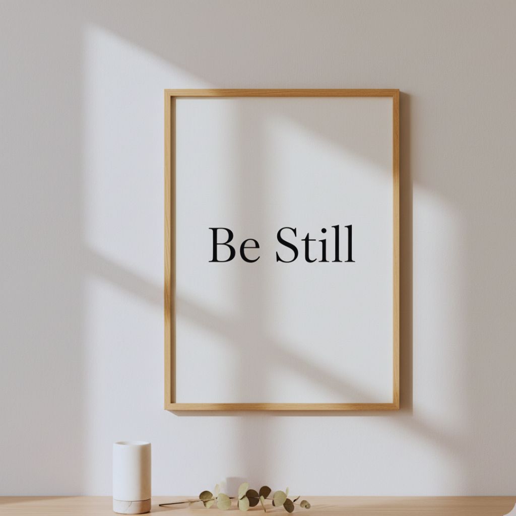 Minimalist wall art featuring the phrase “Be Still” in elegant serif font on a light background.