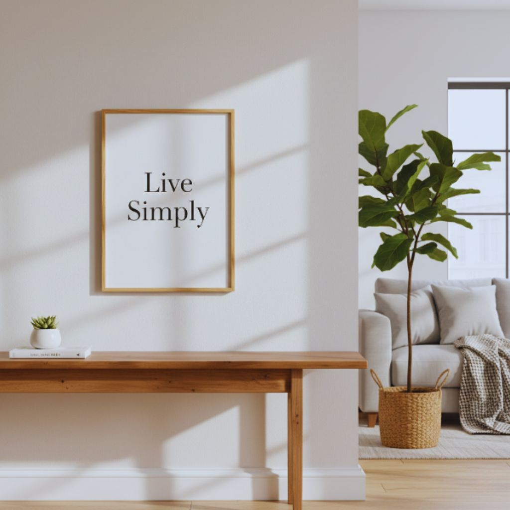 Minimalist wall art with the phrase “Live Simply” in black text on a white textured background.