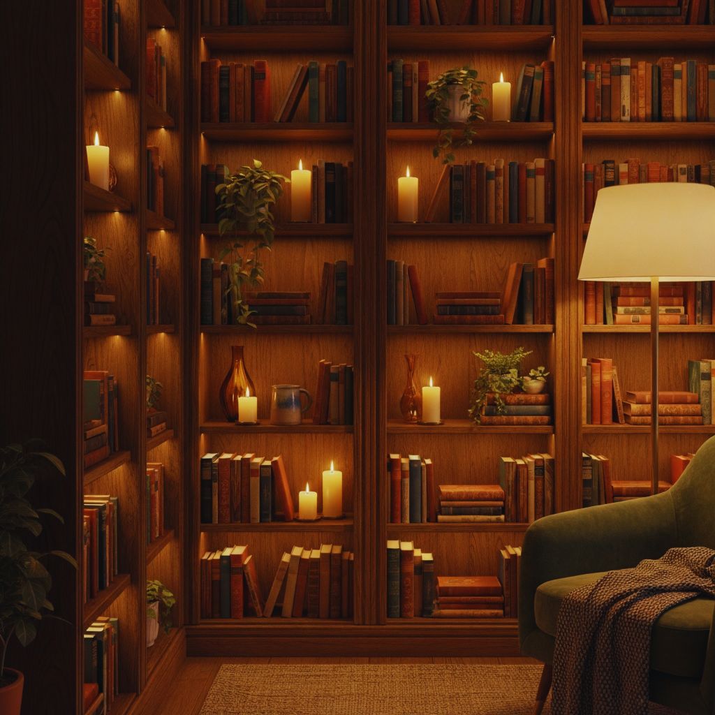 Warm wooden bookshelf filled with old books, candles, and plants in cozy lighting.