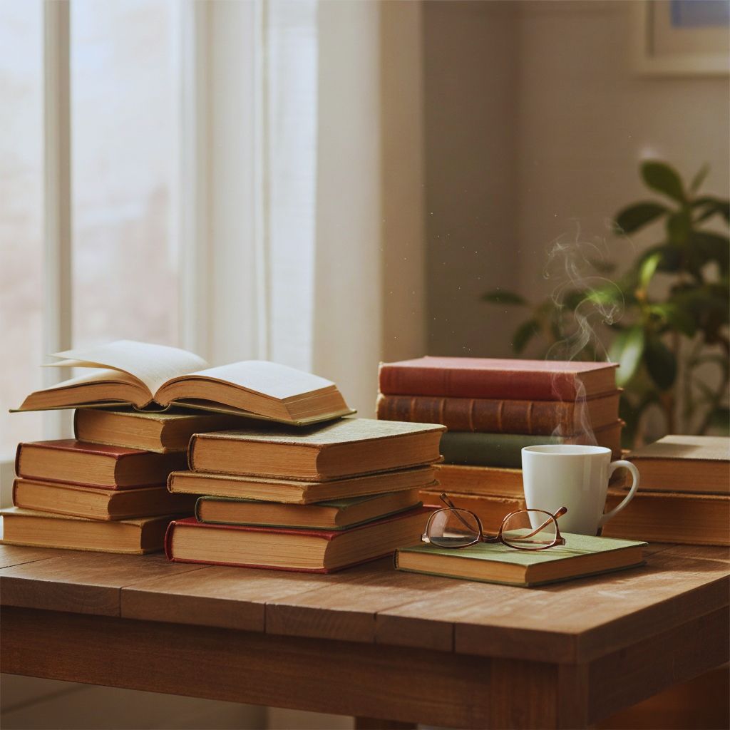 Stack of vintage secondhand books with aged pages and a coffee mug on a wooden table.