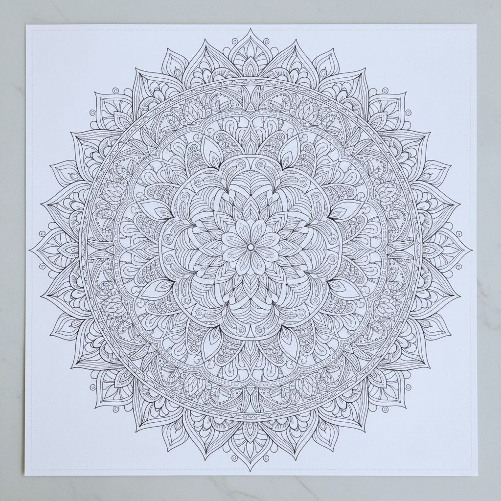 Black and white mandala adult coloring page for mindfulness and relaxation