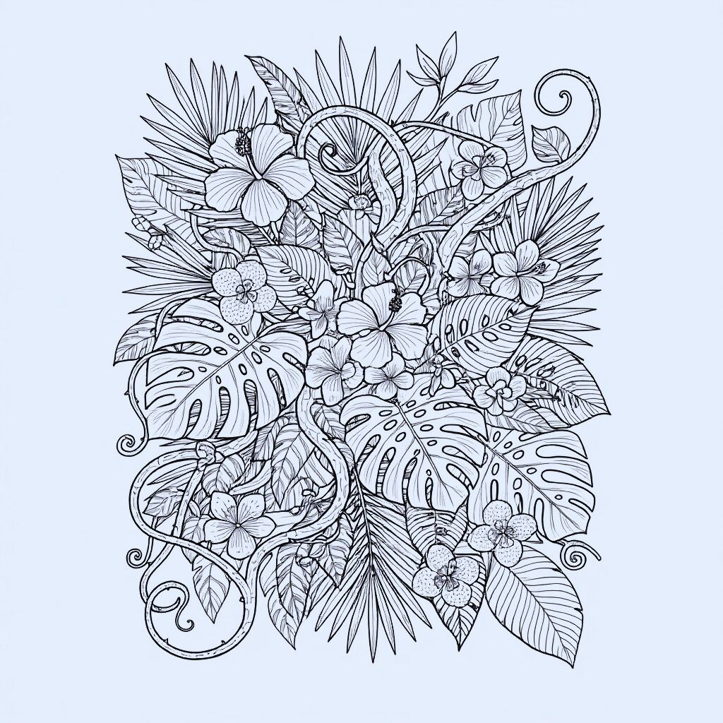 Botanical adult coloring page with flowers and leaves for stress relief