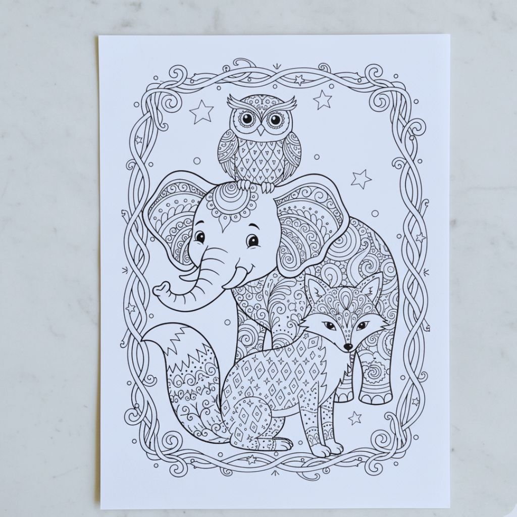 Whimsical animal adult coloring page with detailed line art