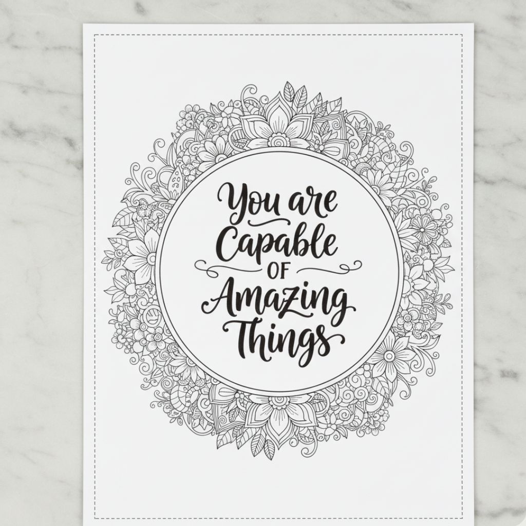 Positive affirmation adult coloring page with motivational quote