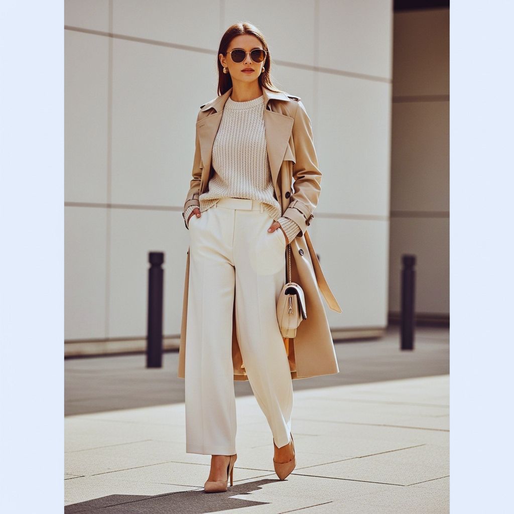 Woman wearing a monochrome Vanilla Latte Blonde outfit with a cream sweater, beige trench coat, and ivory trousers, styled in a minimalist, elegant setting.
