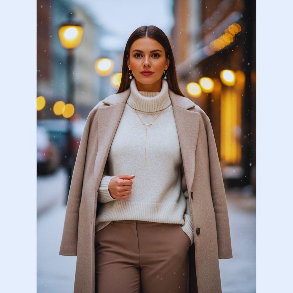 Fashion model in Vanilla Latte Blonde winter outfit with cream turtleneck, camel coat, and wool trousers in soft beige tones.