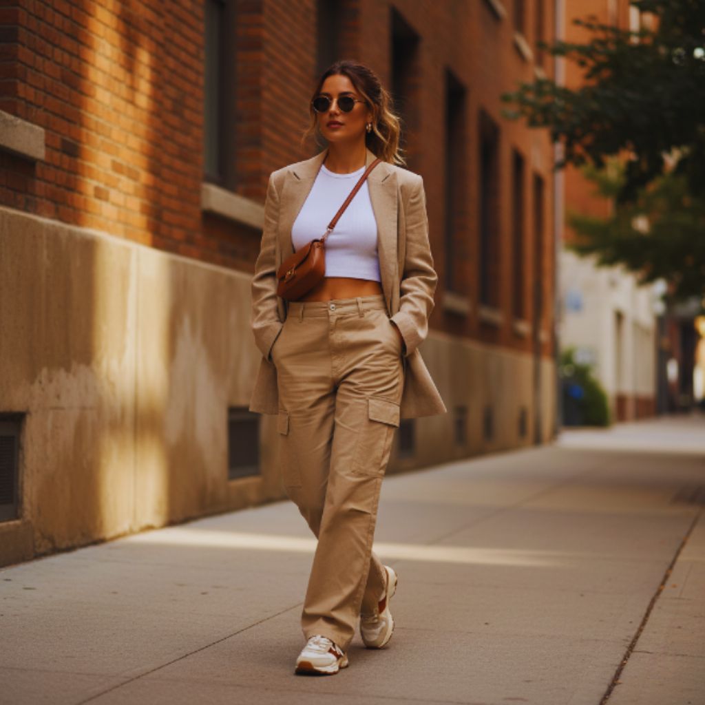 Trendy woman in Vanilla Latte Blonde streetwear look — beige cargo pants, white crop top, and latte blazer styled in an urban setting.