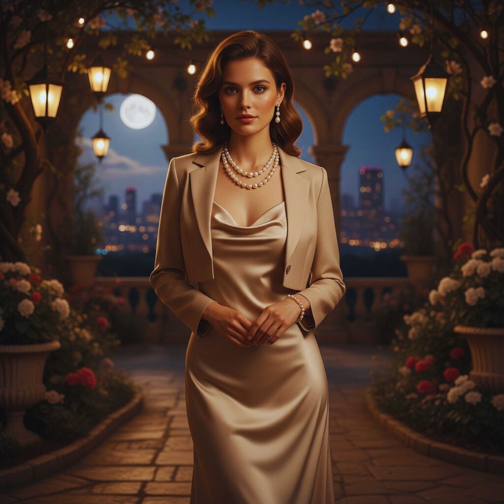 Woman wearing a silky beige Vanilla Latte Blonde outfit with pearl accessories and soft golden lighting for an elegant date-night aesthetic.