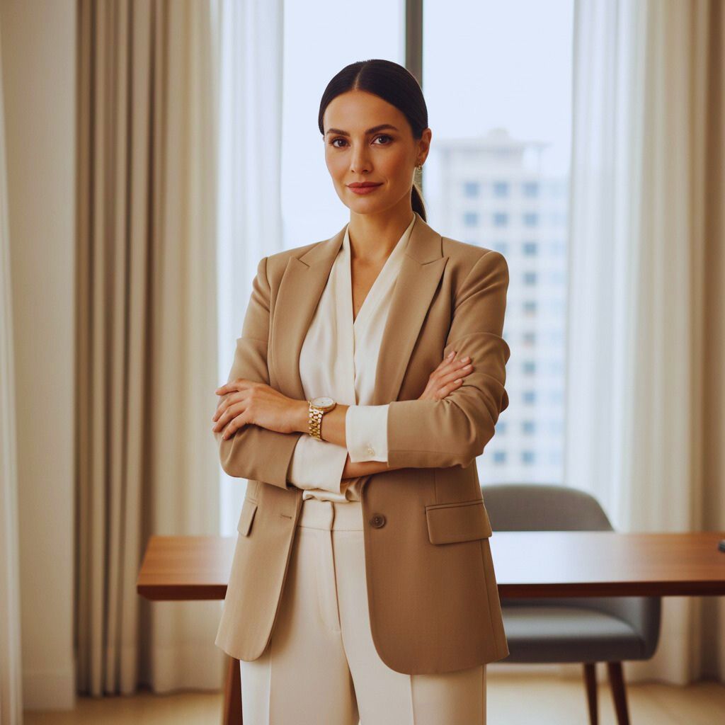 Professional woman in Vanilla Latte Blonde office outfit featuring beige blazer, cream trousers, and gold accessories in a minimalist workspace.