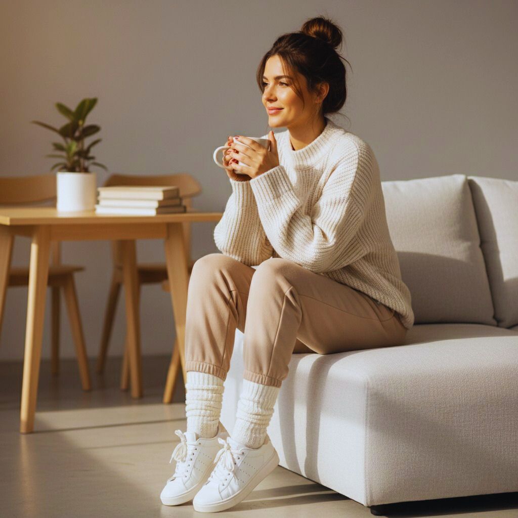 Young woman wearing a cozy Vanilla Latte Blonde outfit — oversized cream sweater, beige joggers, and white sneakers in a casual indoor setting.